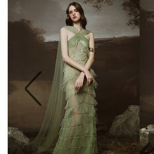 Elegant Green Maxi Dress ruffle and sparkle xs nwt